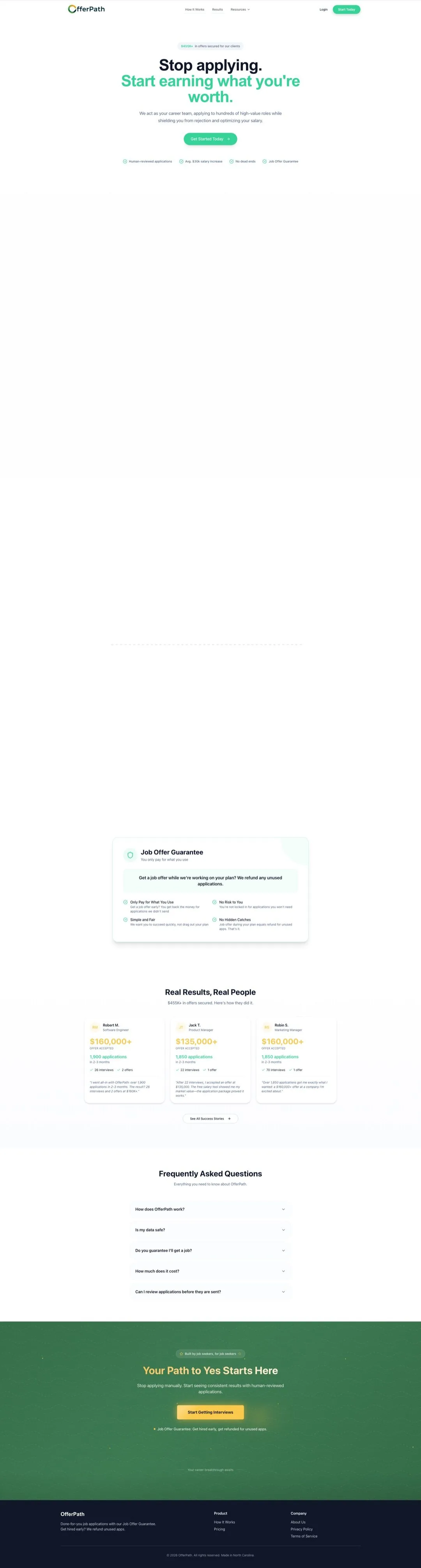 OfferPath homepage before the redesign, showing a large blank gap where sections failed to render
