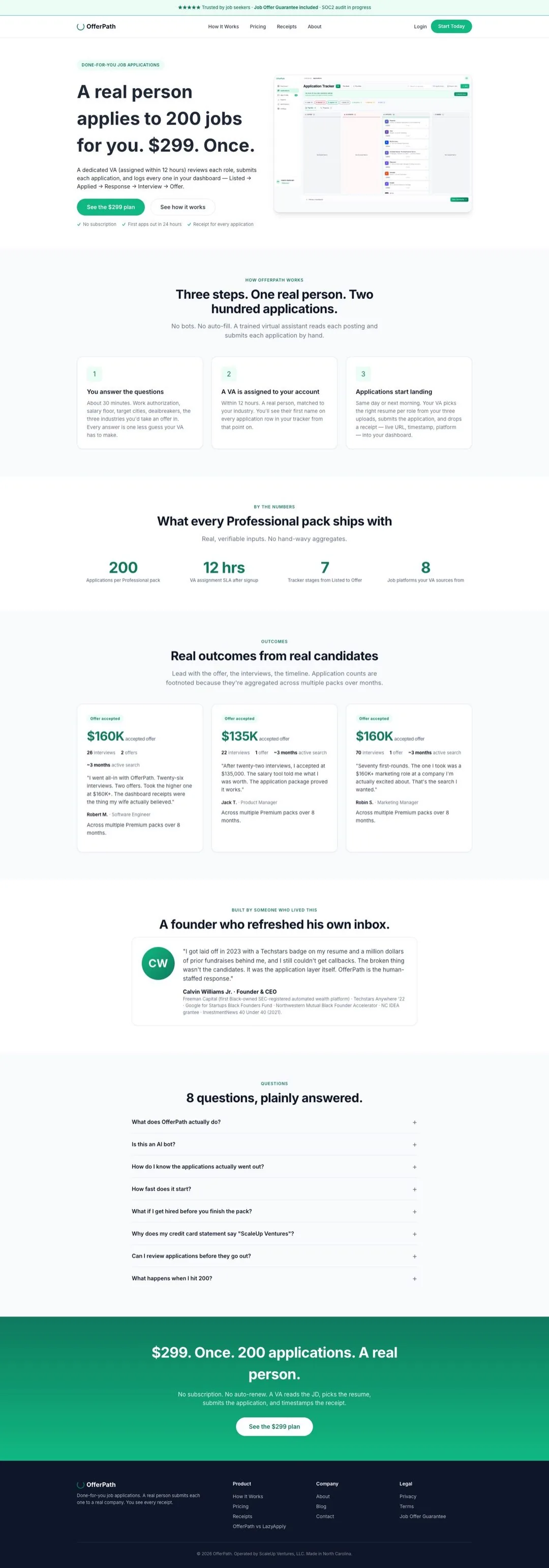 OfferPath homepage after the redesign, with the live application tracker in the hero
