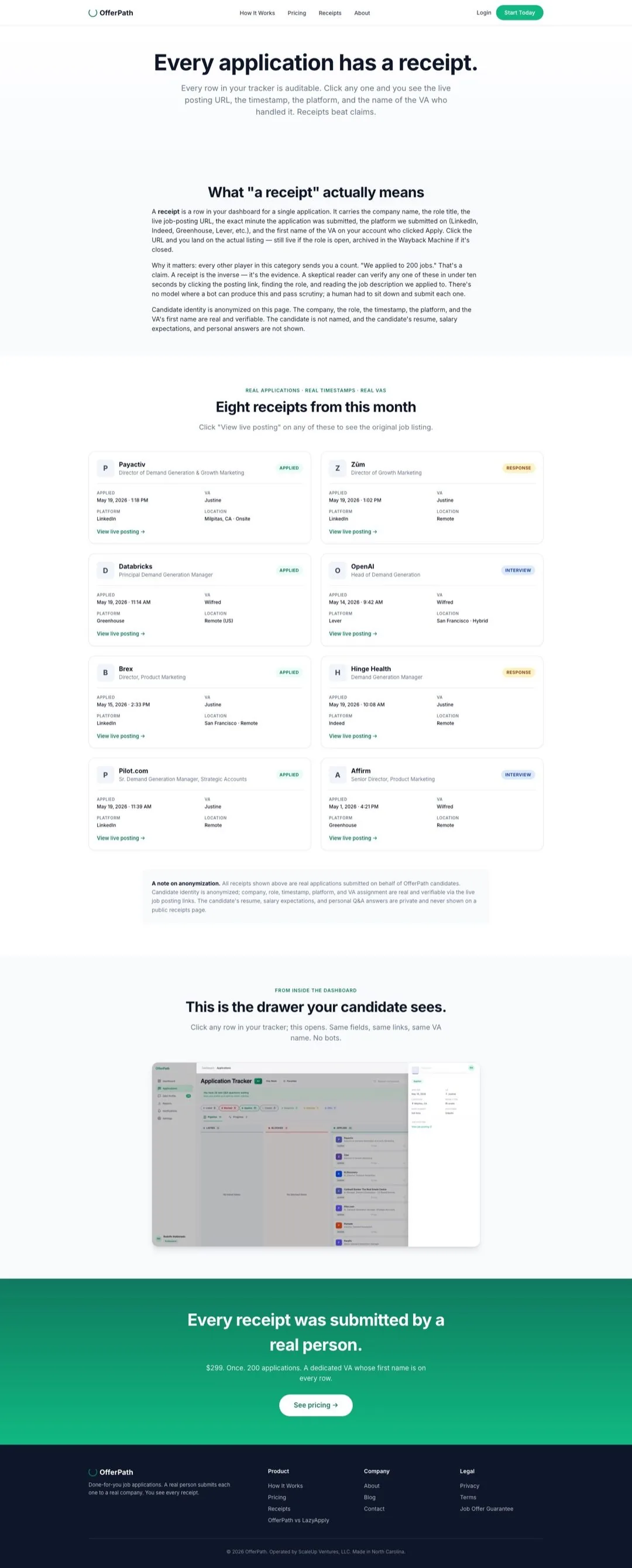 Results / receipts page