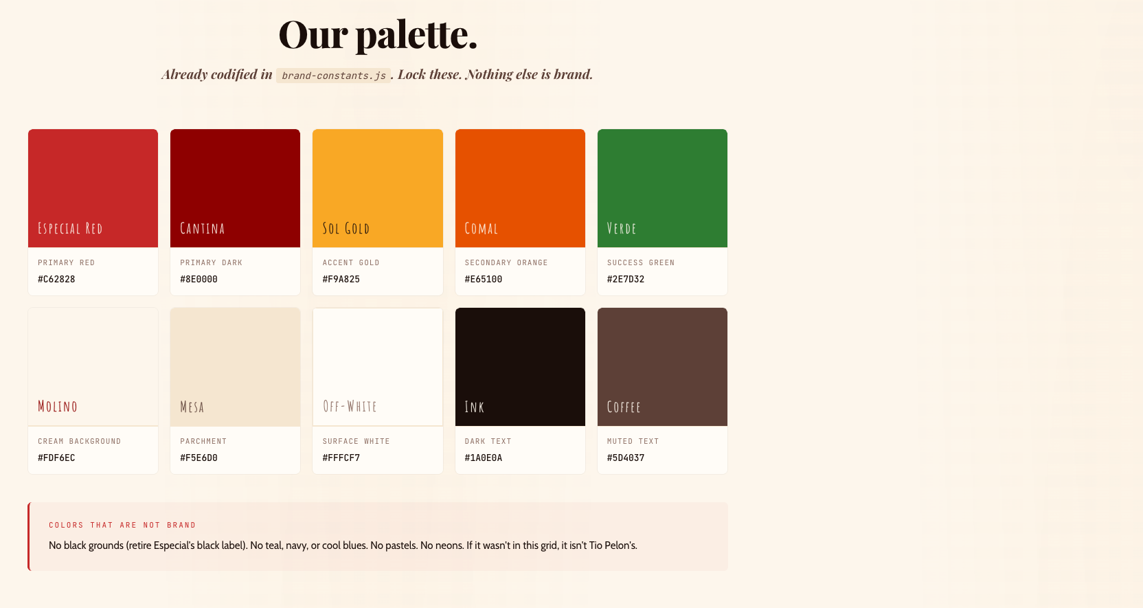 Tio Pelon's brand color palette board: Especial Red, Cantina, Sol Gold, Comal, Verde and neutral tones with locked hex codes, plus a 'colors that are not brand' guardrail.