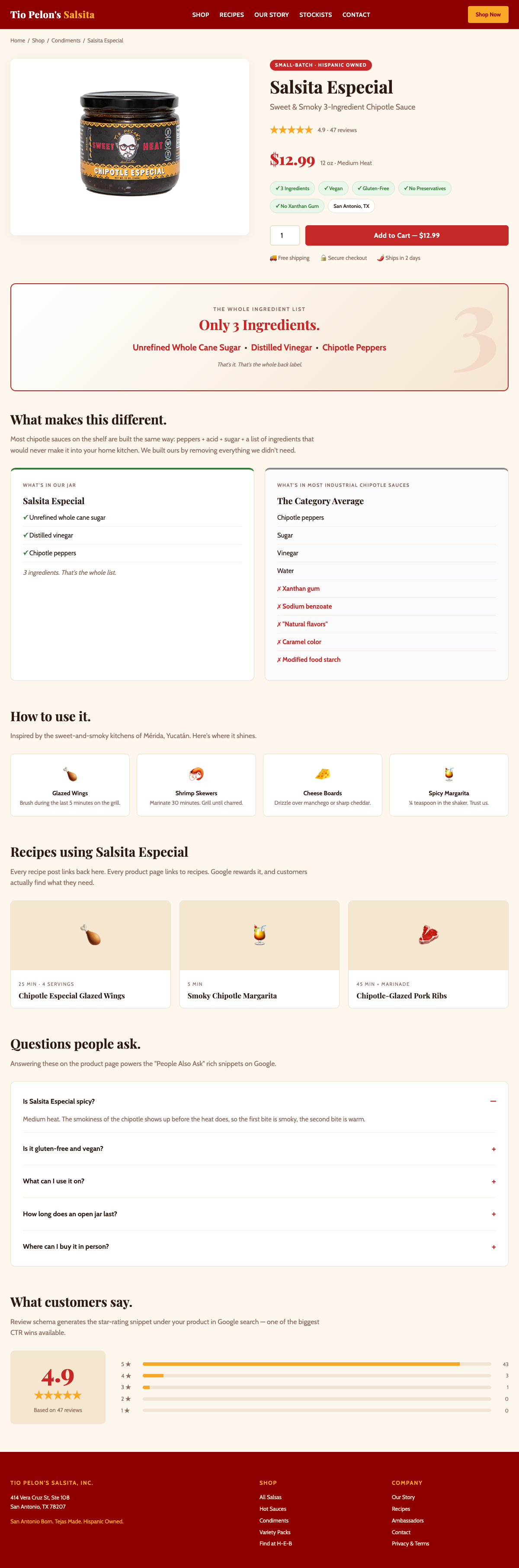 Redesigned Salsita Especial direct-to-consumer product page: 3-ingredient hero, a 'what's in our jar vs. the category average' comparison, how-to-use, recipes, People-Also-Ask FAQ, and review-schema ratings.