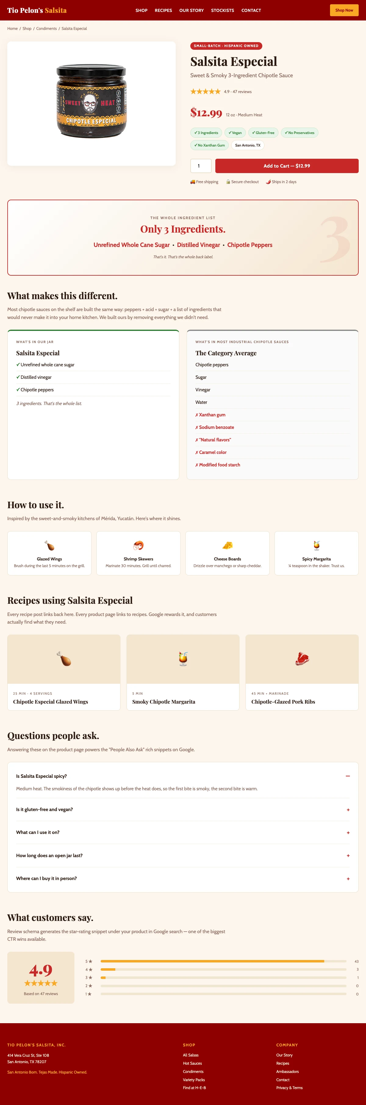 Redesigned Salsita Especial direct-to-consumer product page: 3-ingredient hero, a 'what's in our jar vs. the category average' comparison, how-to-use, recipes, People-Also-Ask FAQ, and review-schema ratings.